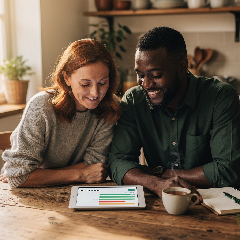 British couple reviewing household budget on a tablet together at kitchen table