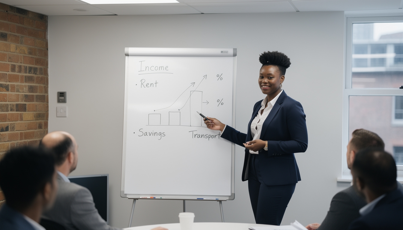 Finance educator presenting a course module on a whiteboard in a modern Birmingham office