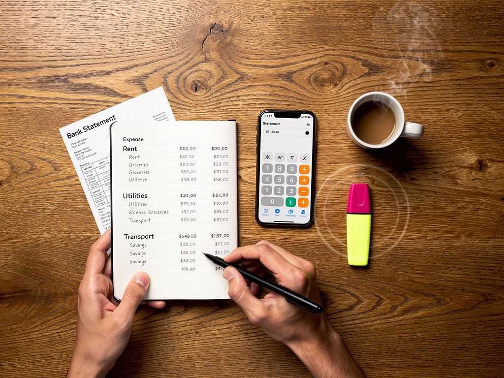 Workshop participant tracking daily expenses using a notebook and phone calculator