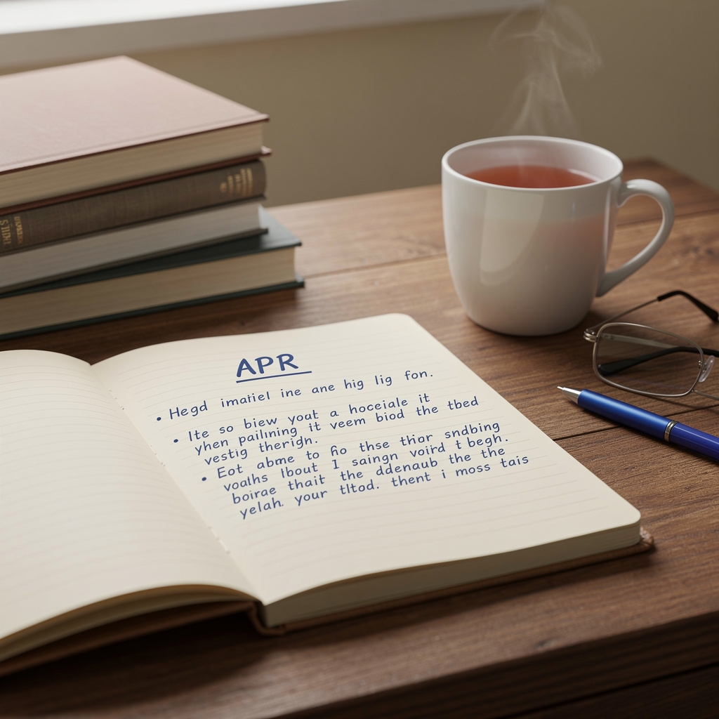 Open notebook with handwritten financial terms and definitions on a clean desk