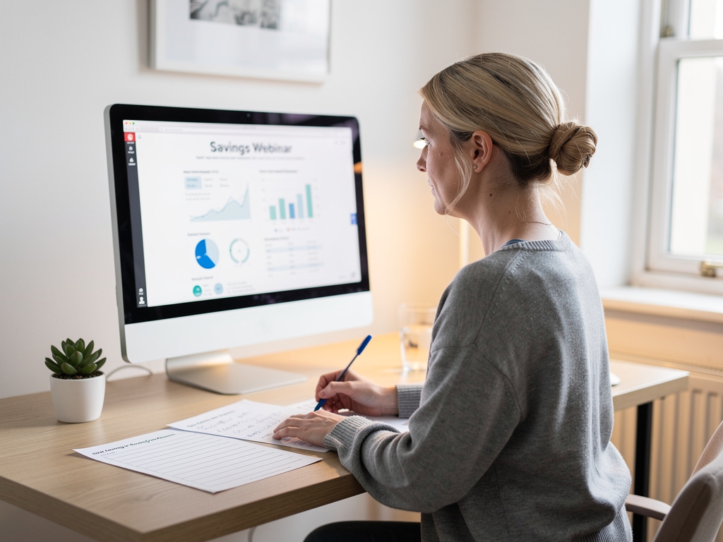 Finance educator presenting savings planning concepts during an online session