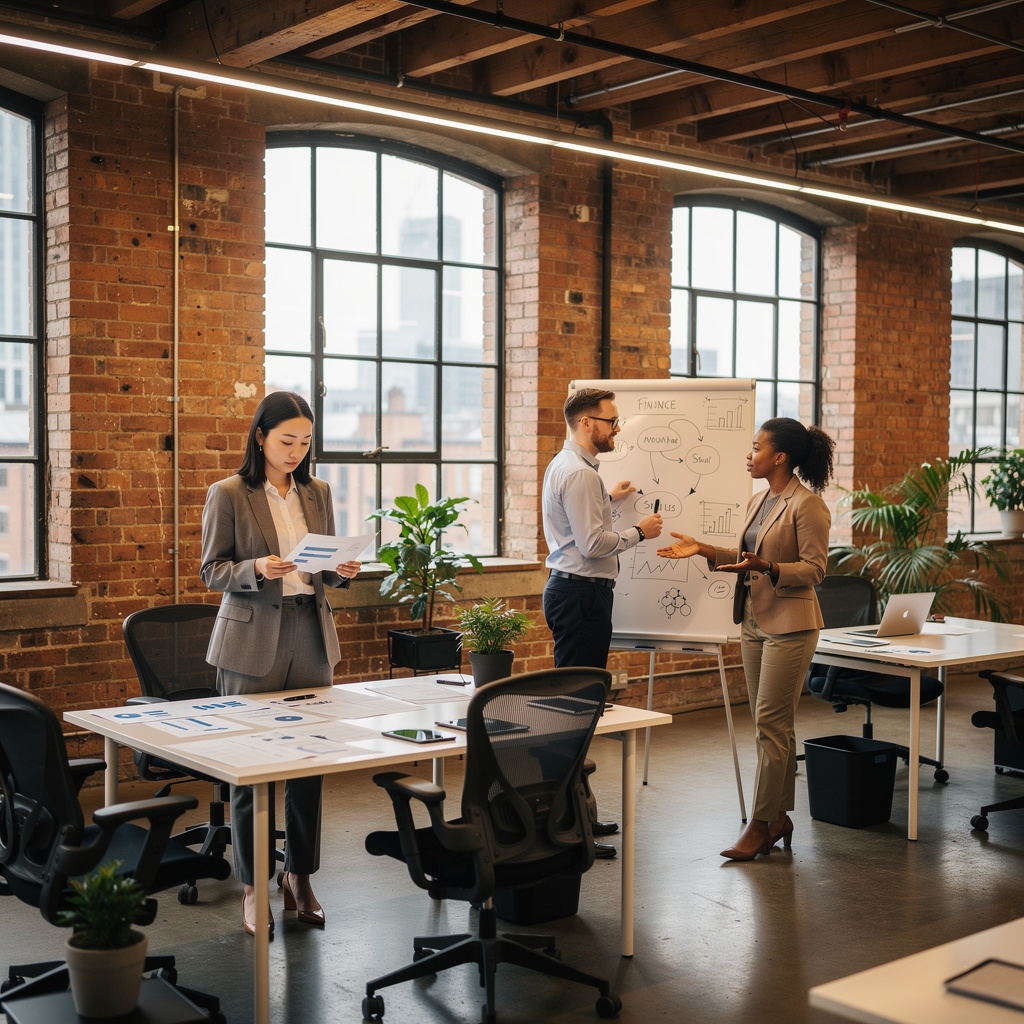 Wakapad team members working collaboratively in the Birmingham office with exposed brick walls