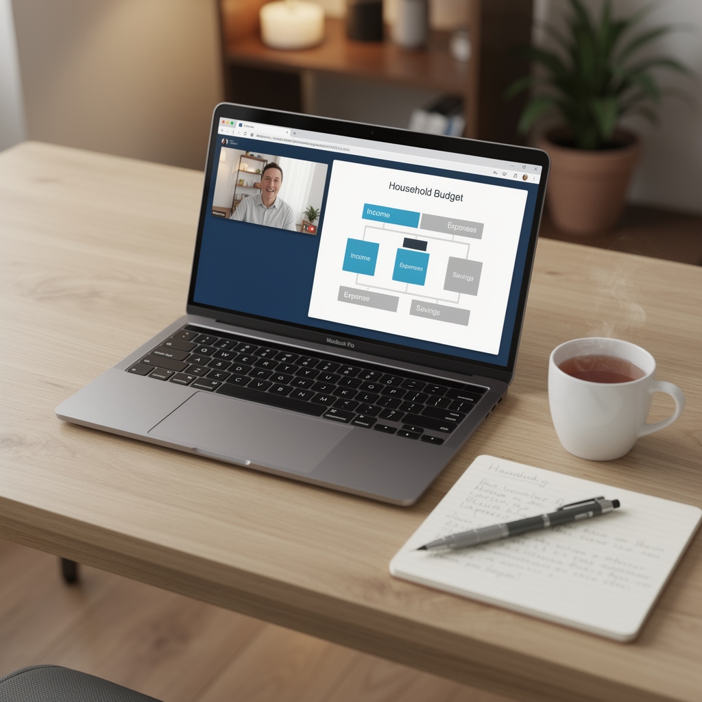 Online webinar session on household budgeting shown on a laptop screen